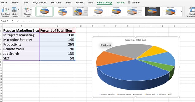 The design options for pie charts in excel. 